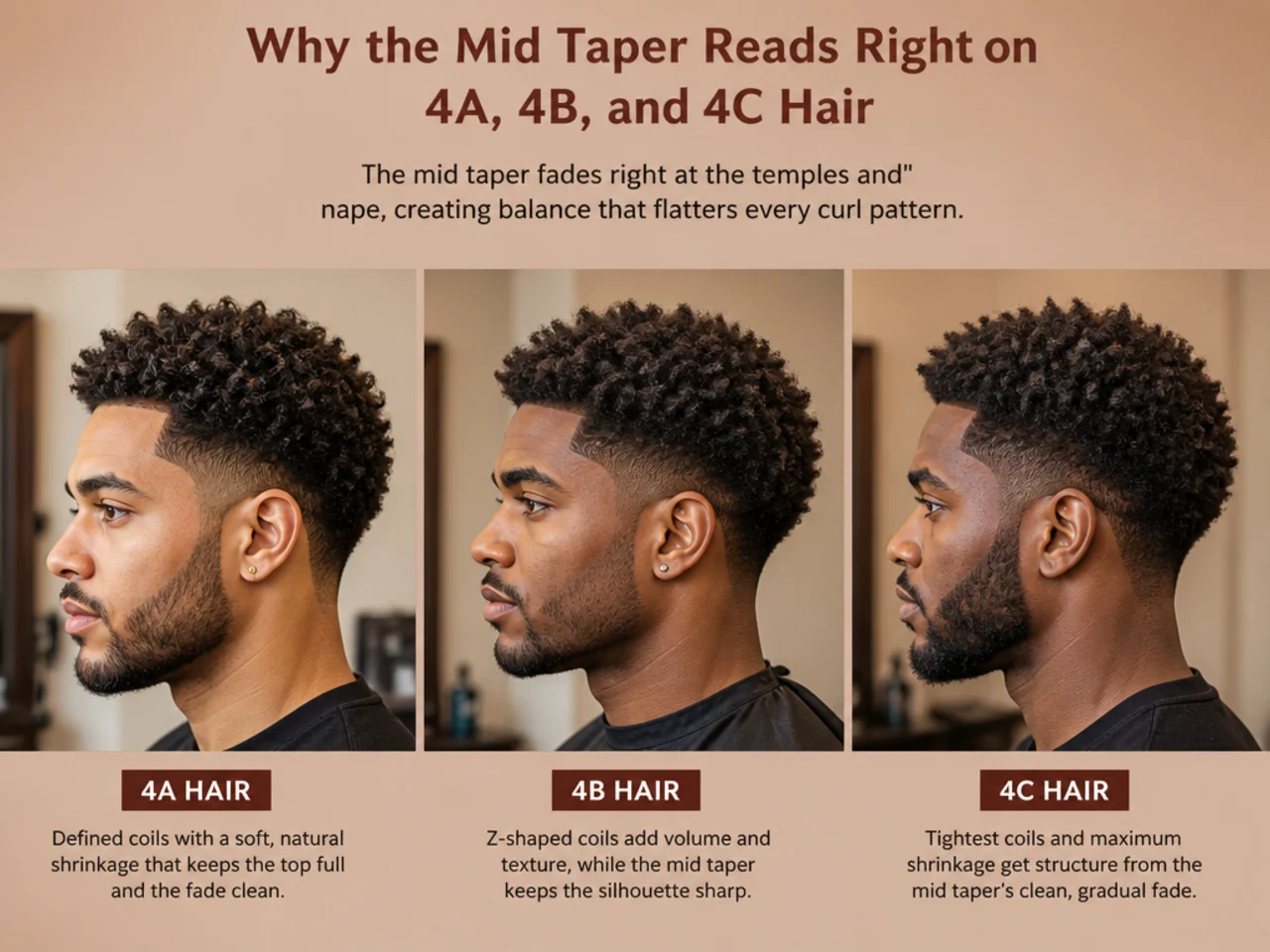 Side profile showing the soft transition of a mid taper fade blending into 4C coily hair on top
