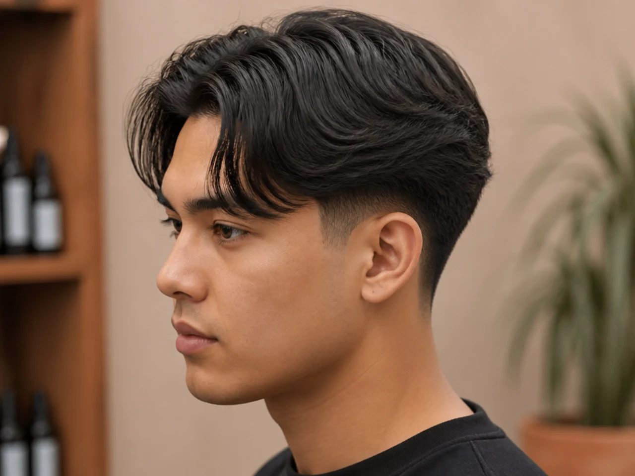 Mid taper fade with a middle part