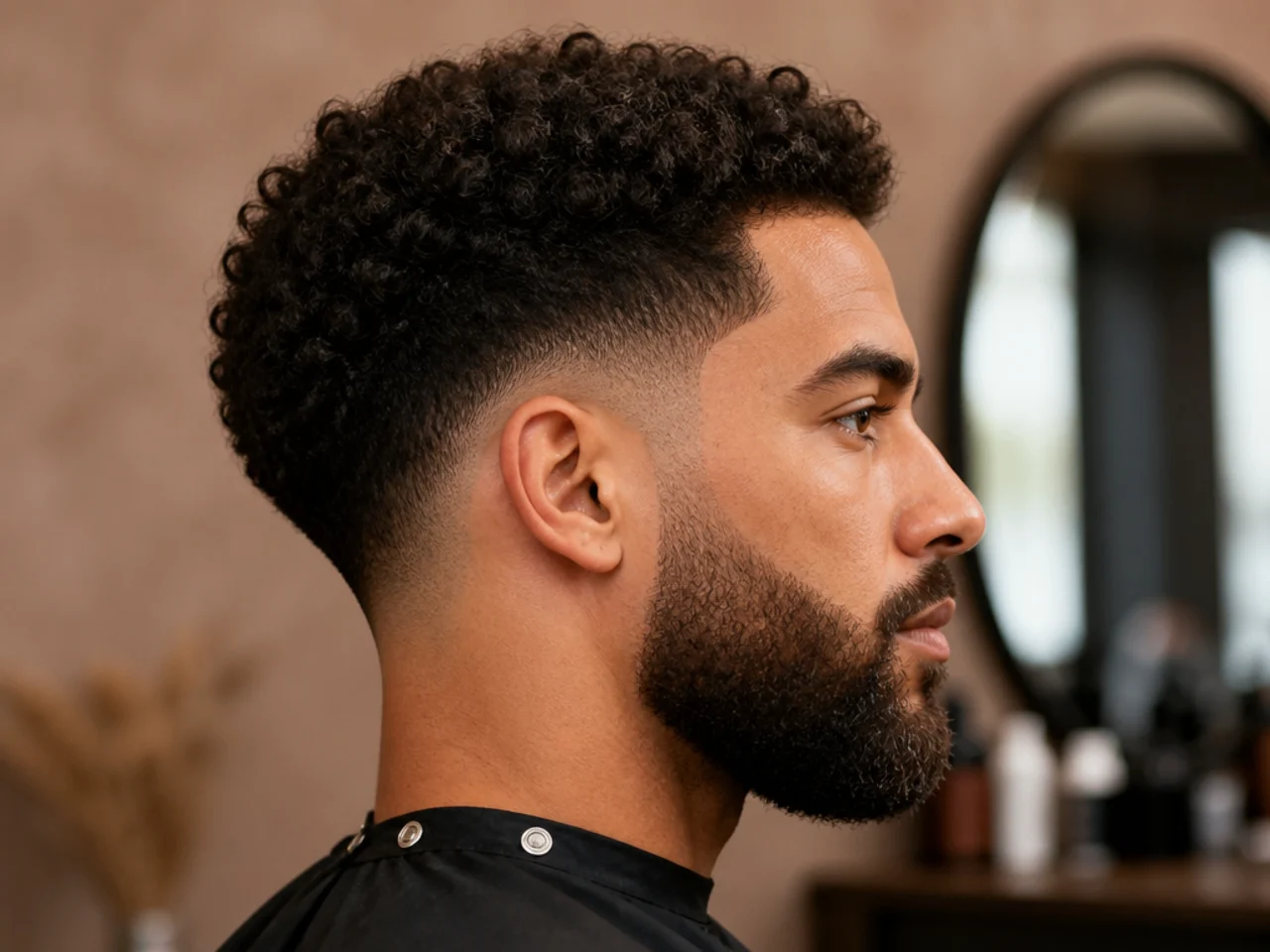 Mid taper fade blending into a full beard