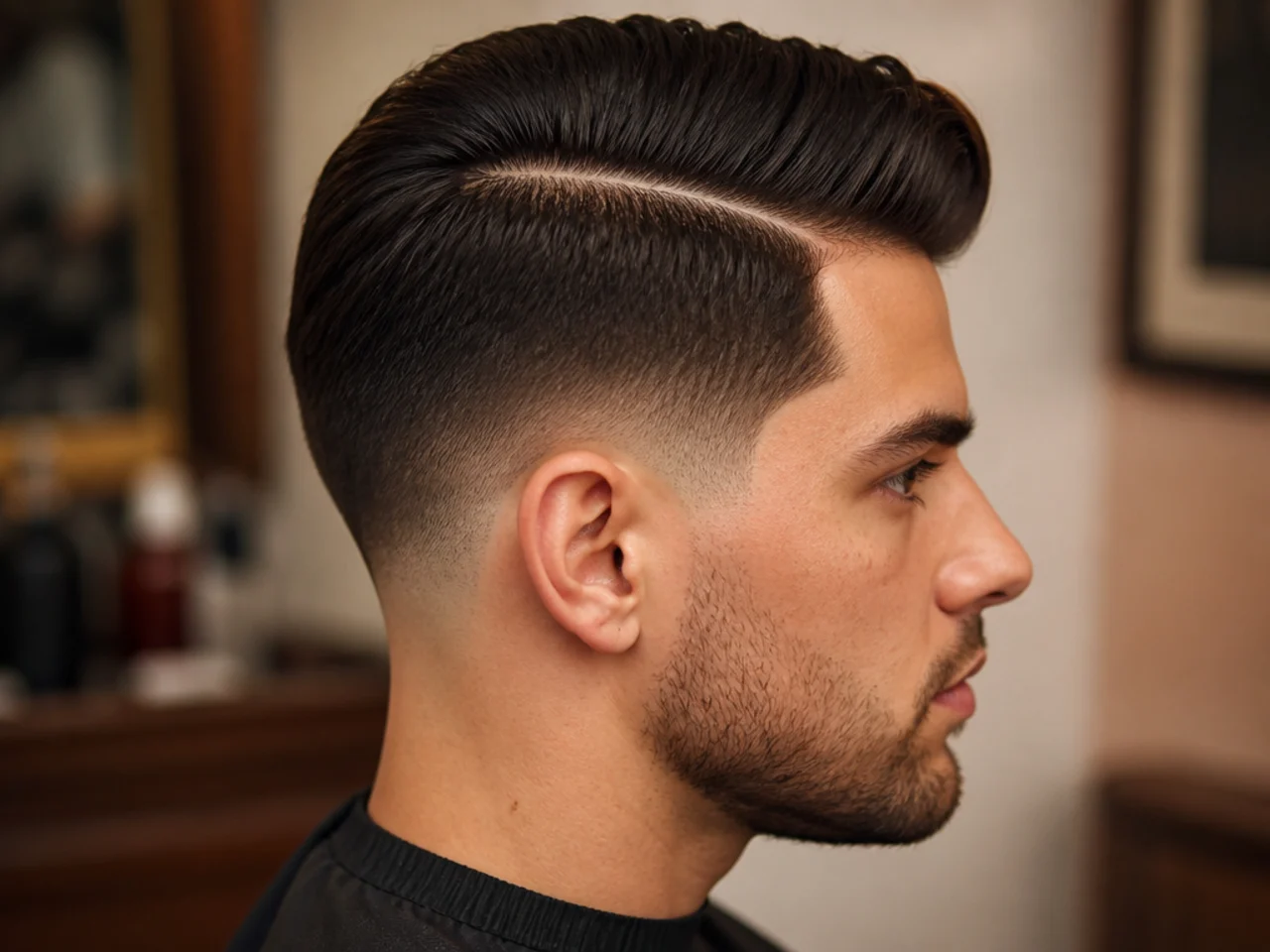 Mid taper fade with a razored hard part
