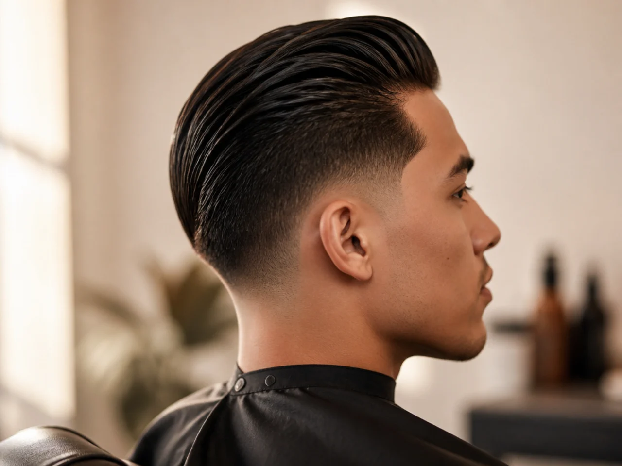 Mid taper fade with the top slicked back