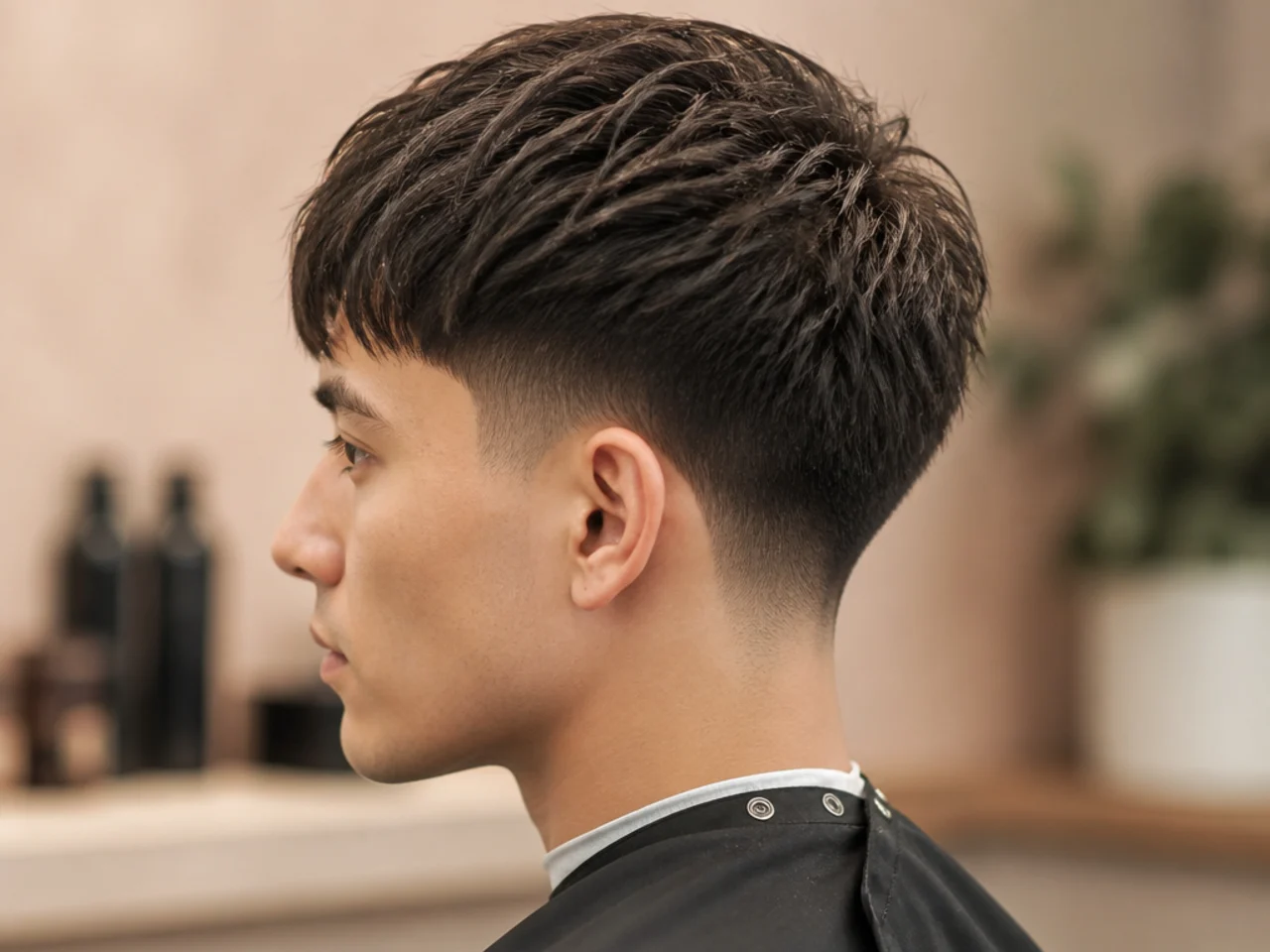 Mid taper fade with a textured forward fringe