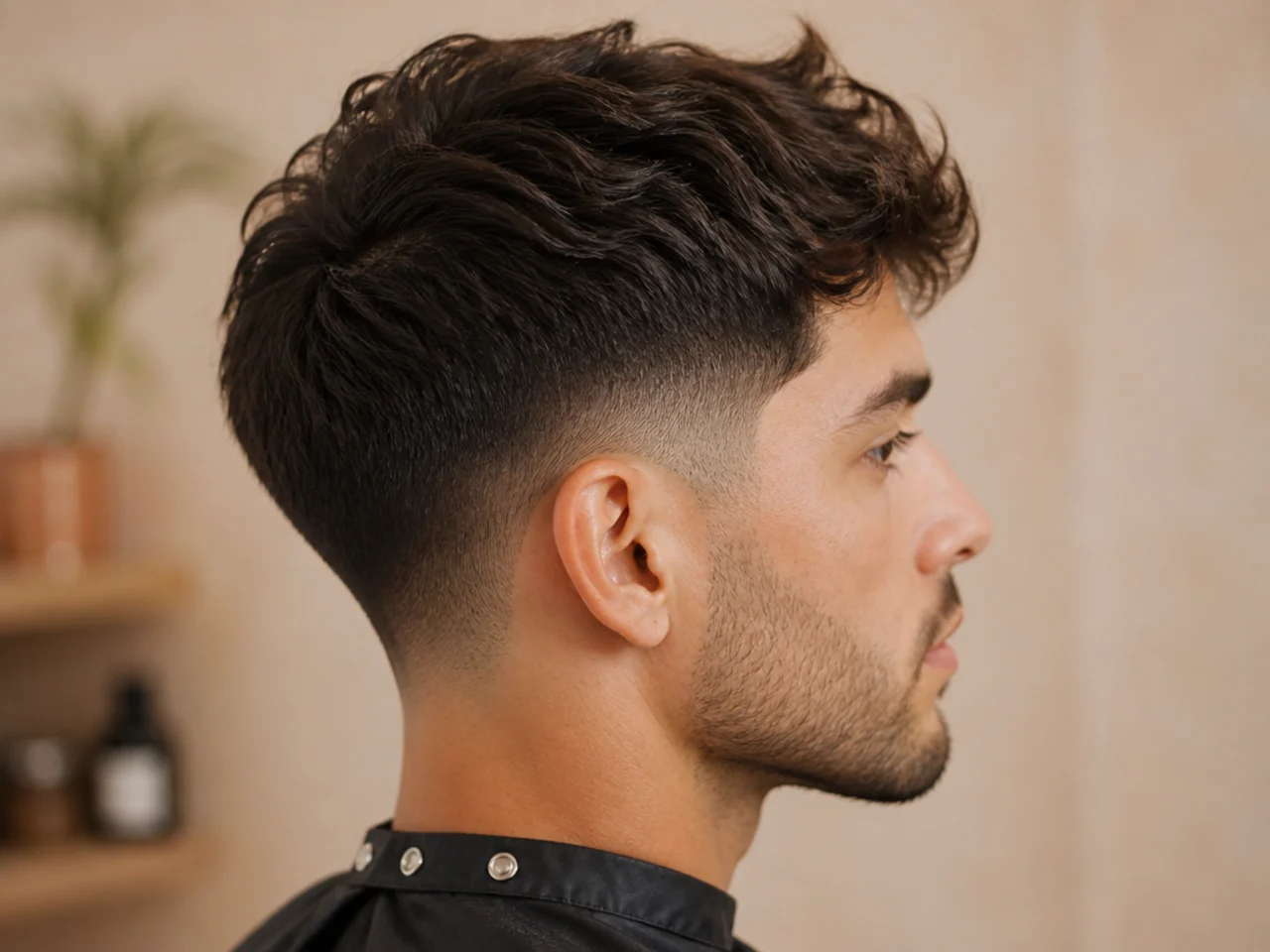 Mid taper fade with a scissor-blended top section