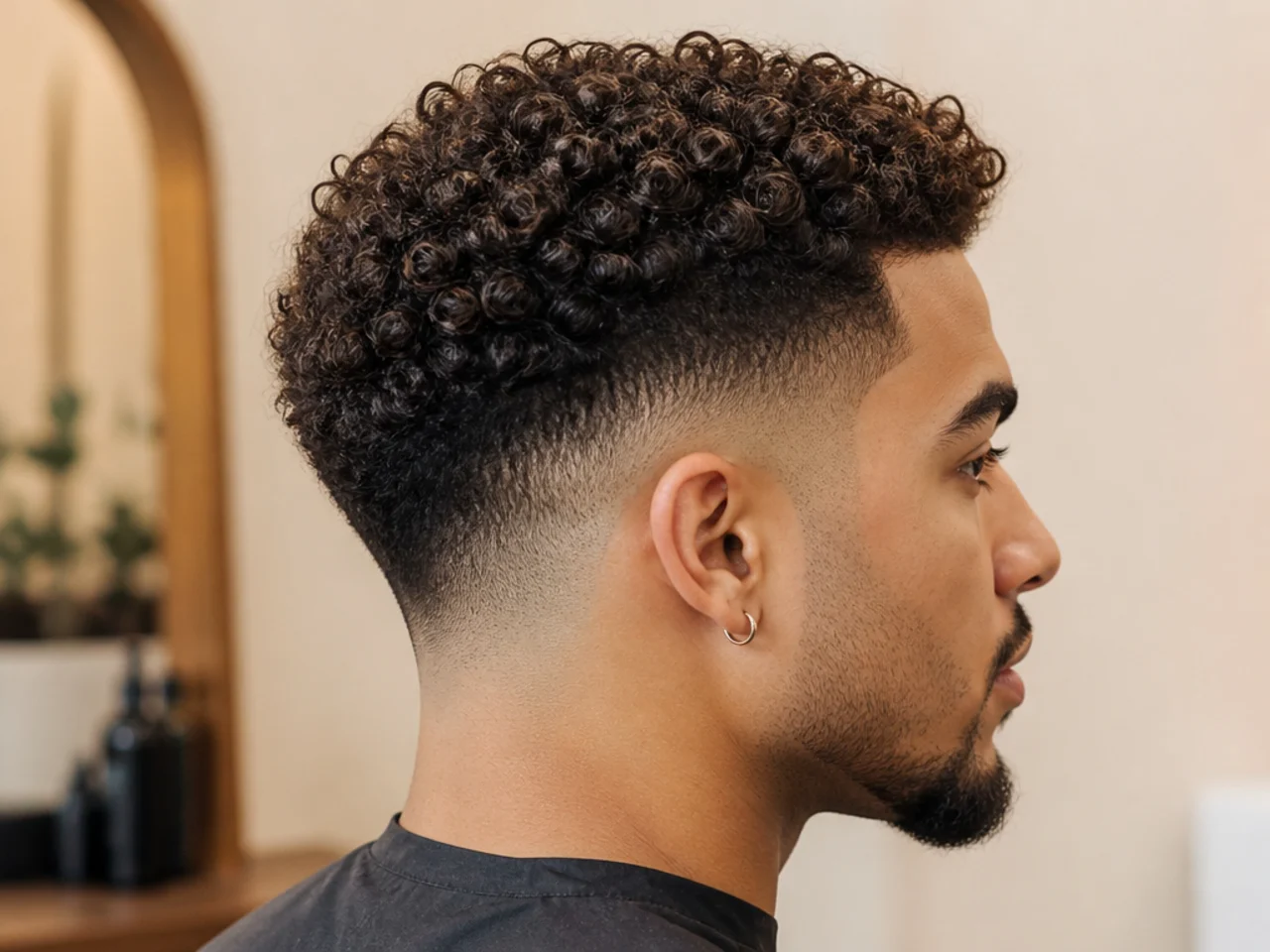 Mid taper fade on curly hair with full volume on top