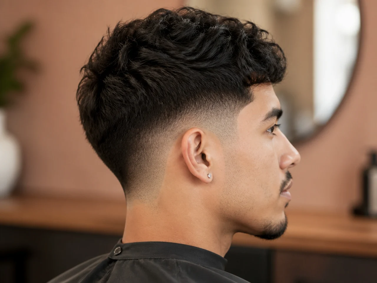 Mid drop taper fade curving down behind the ear