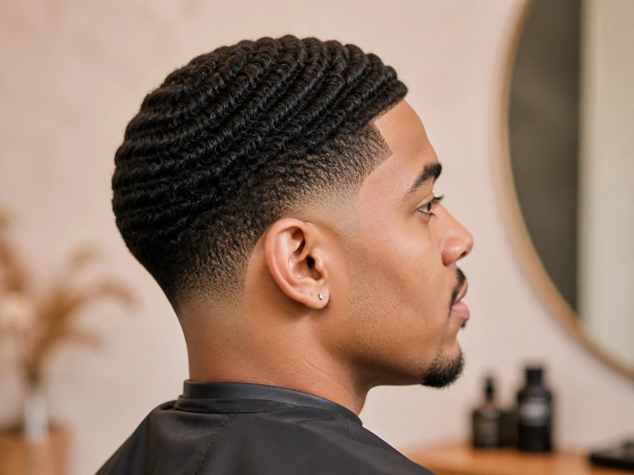 Mid taper fade with brushed 360 waves on top