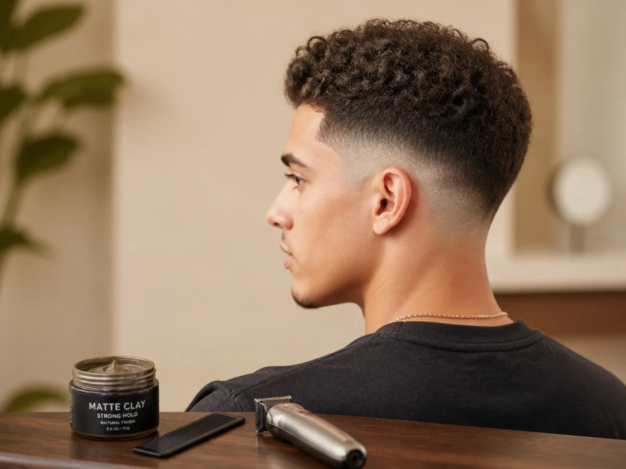 Matte clay, comb and trimmer laid out for mid fade upkeep