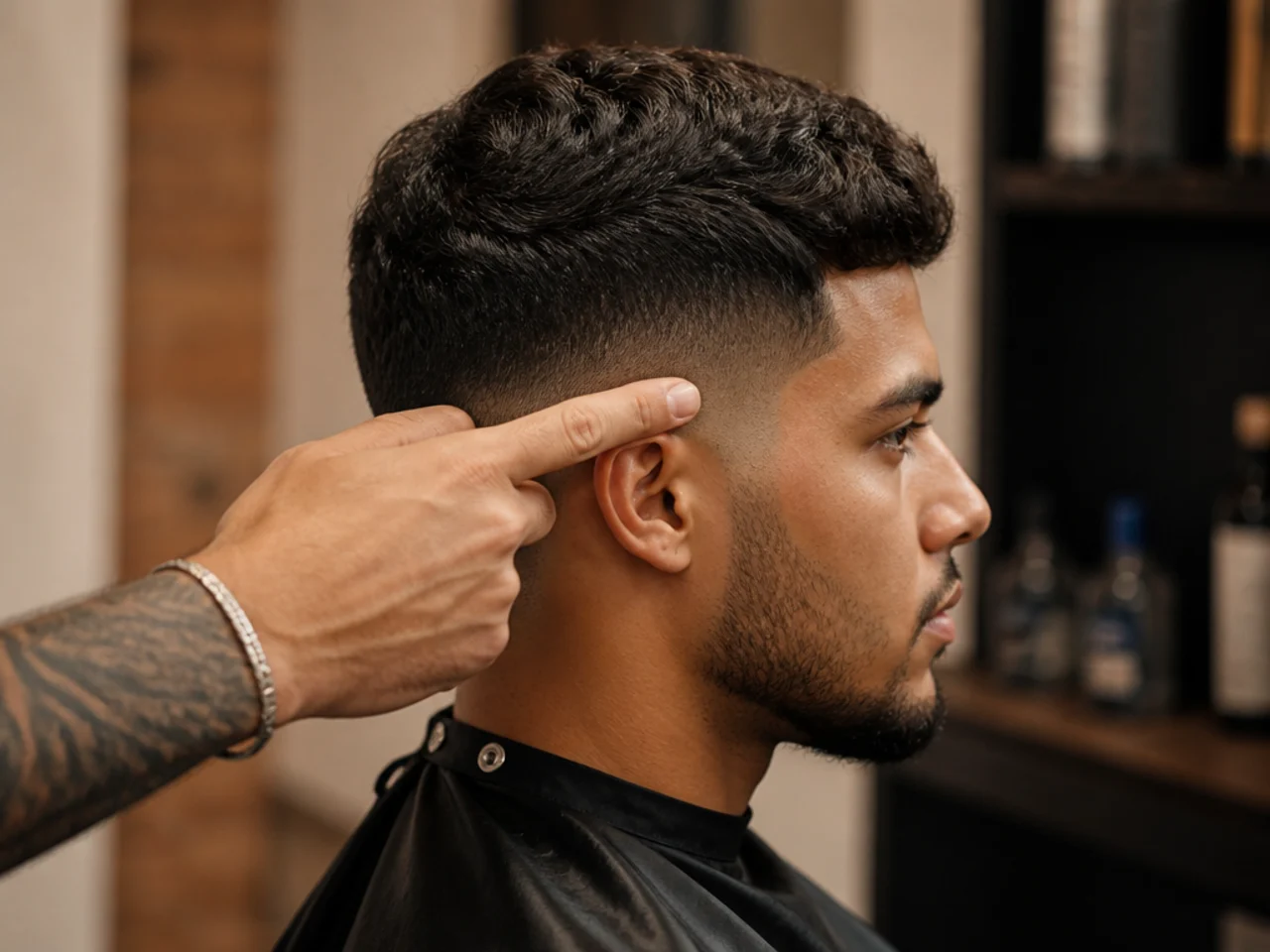 A finger pointing at the temple to indicate fade height to a barber