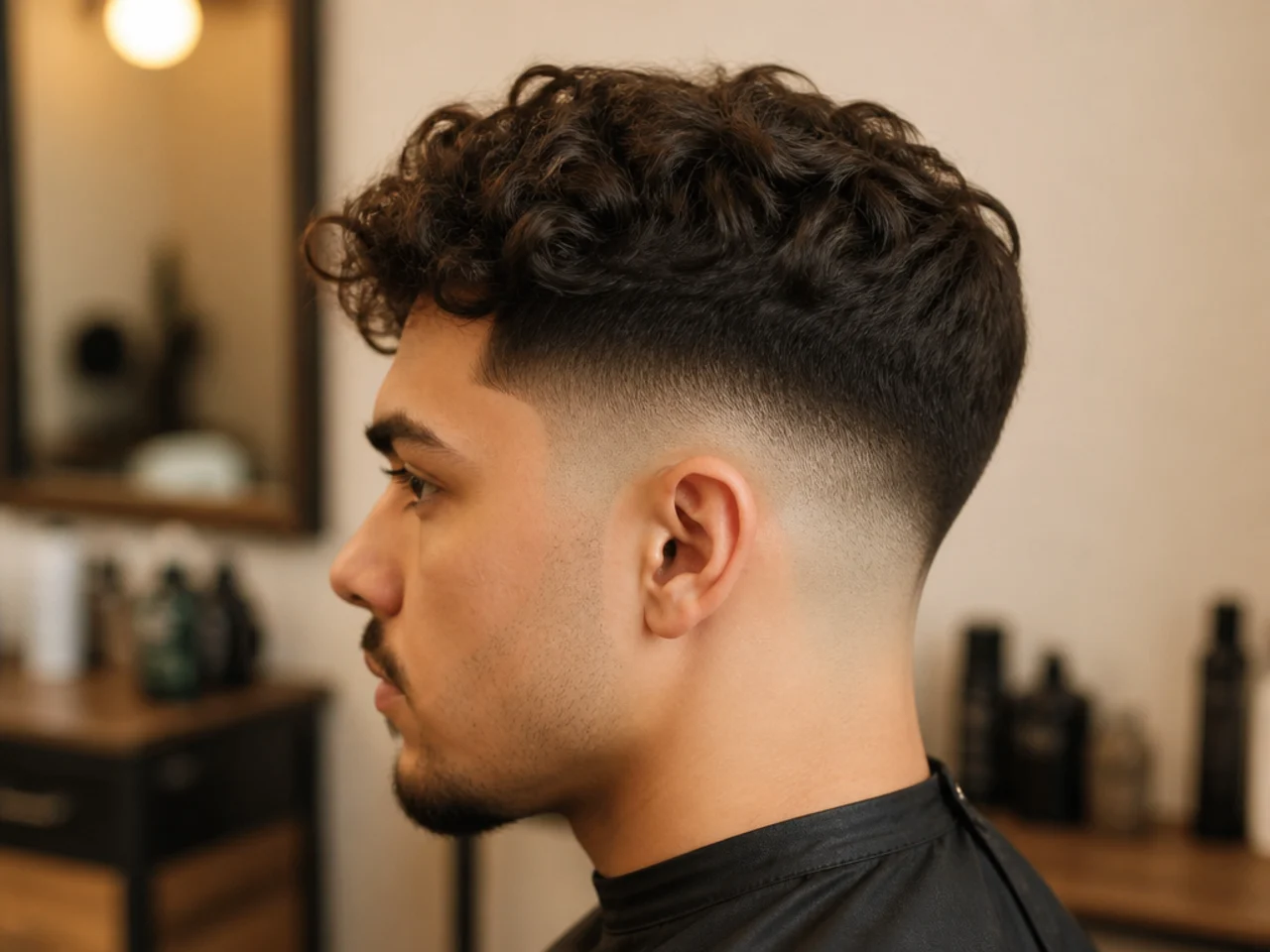 Close-up showing the mid fade line sitting level with the temple