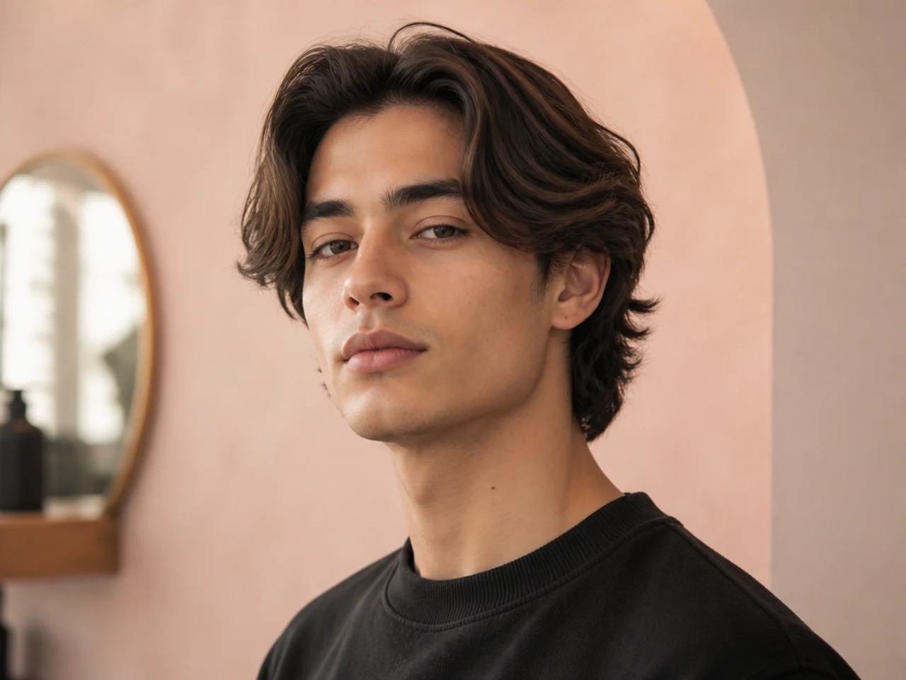 Teen boy with bro flow middle part, longer surfer-style flow tucked behind ears
