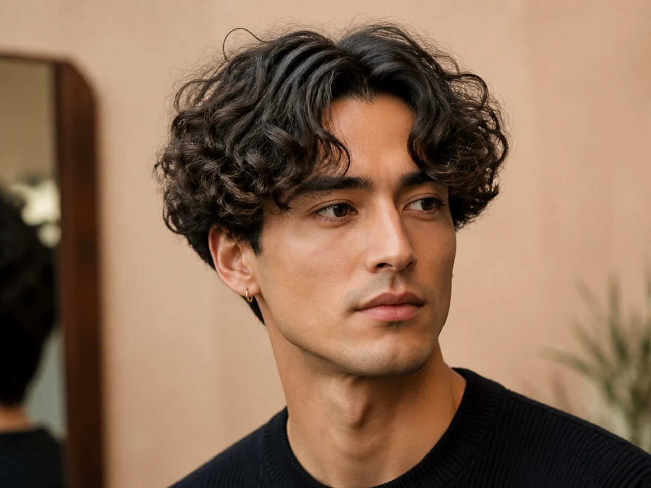 Teen boy with broccoli-style middle part on curly hair with tapered sides