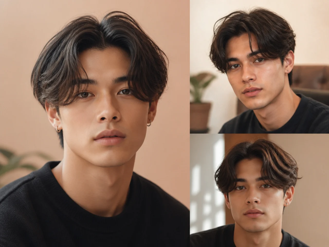 Teen boy with classic curtain middle part on straight brown hair, scissor-cut sides