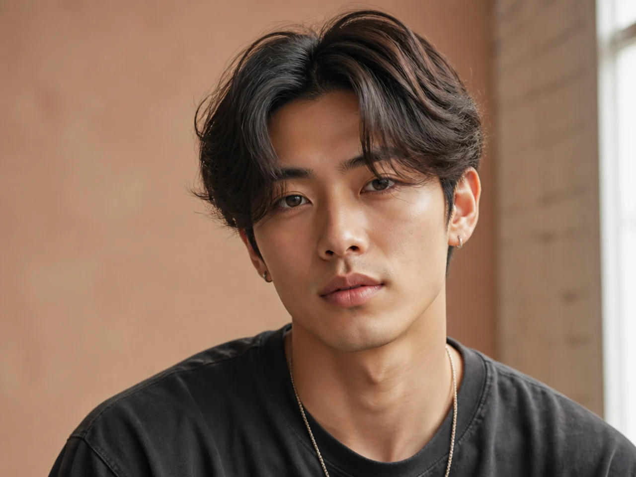 Teen boy with Korean comma hair middle part, front strands curled inward