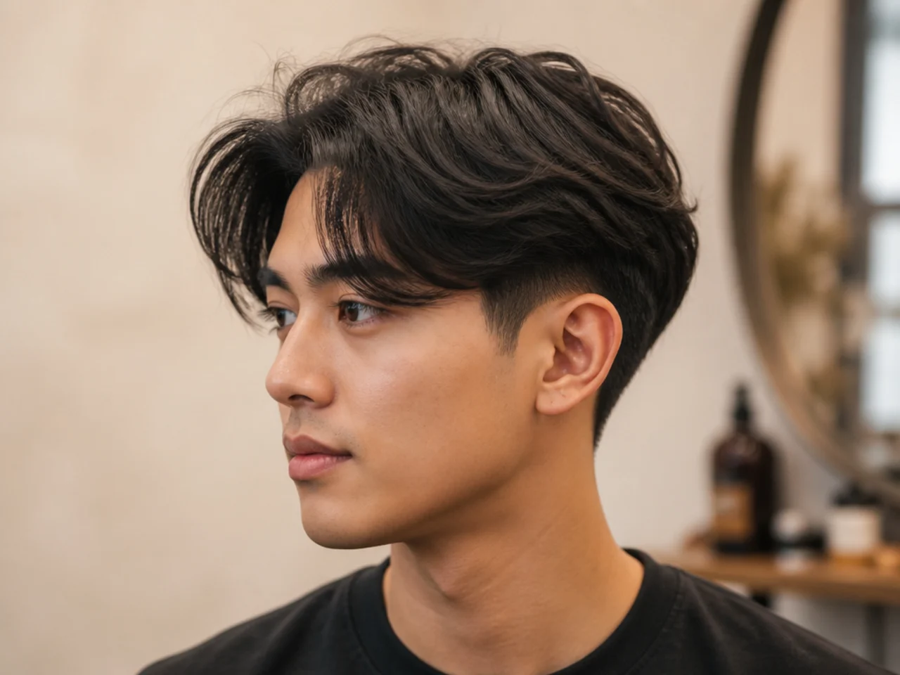 Teen boy with fluffy middle part and low taper fade on wavy blond hair