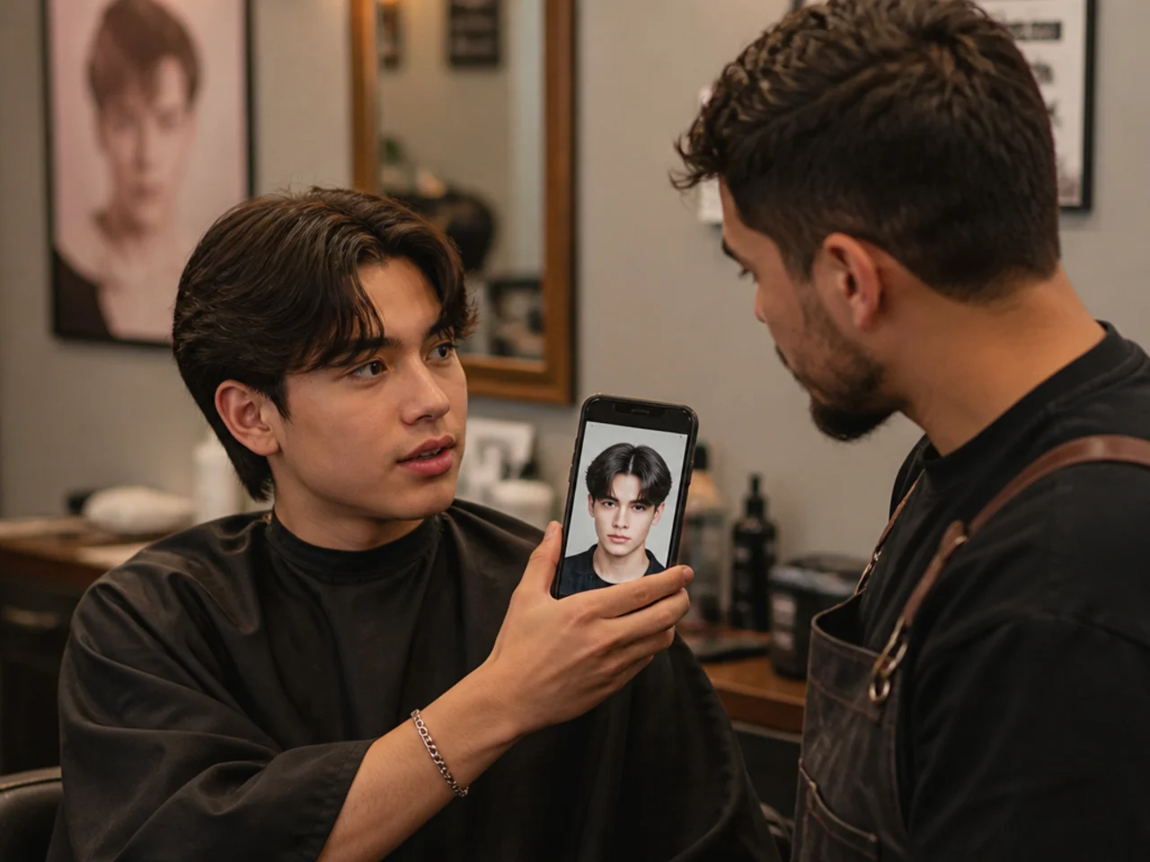 Teen boy showing a middle part reference photo to a barber in the chair