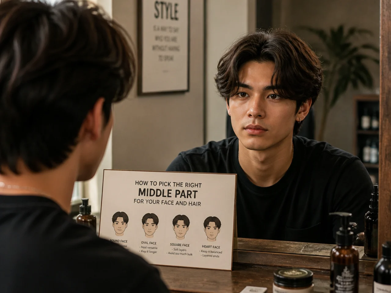 Teen boy comparing middle part styles in a barber mirror