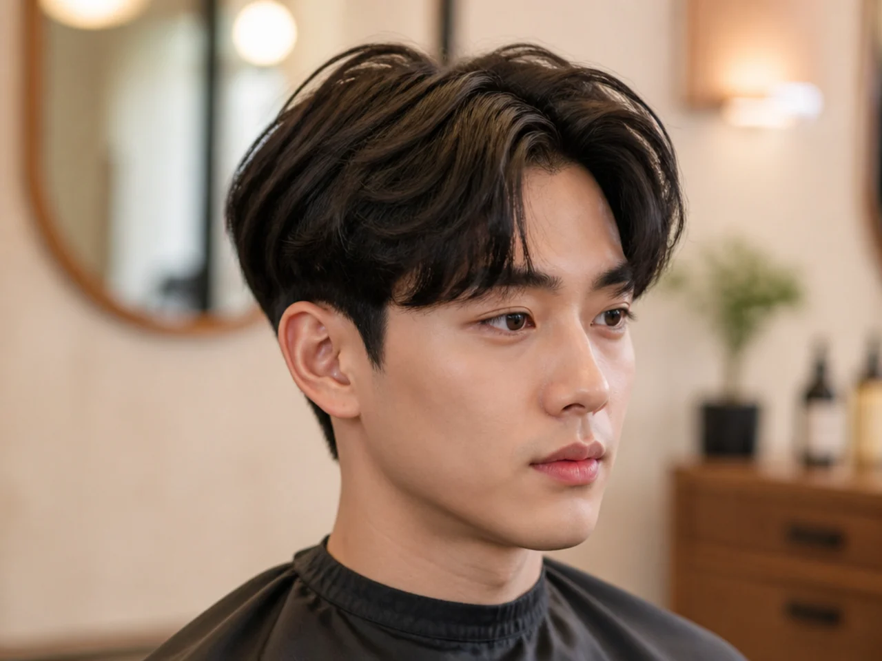 Teen boy with K-pop two-block middle part on straight black hair, tapered sides and back