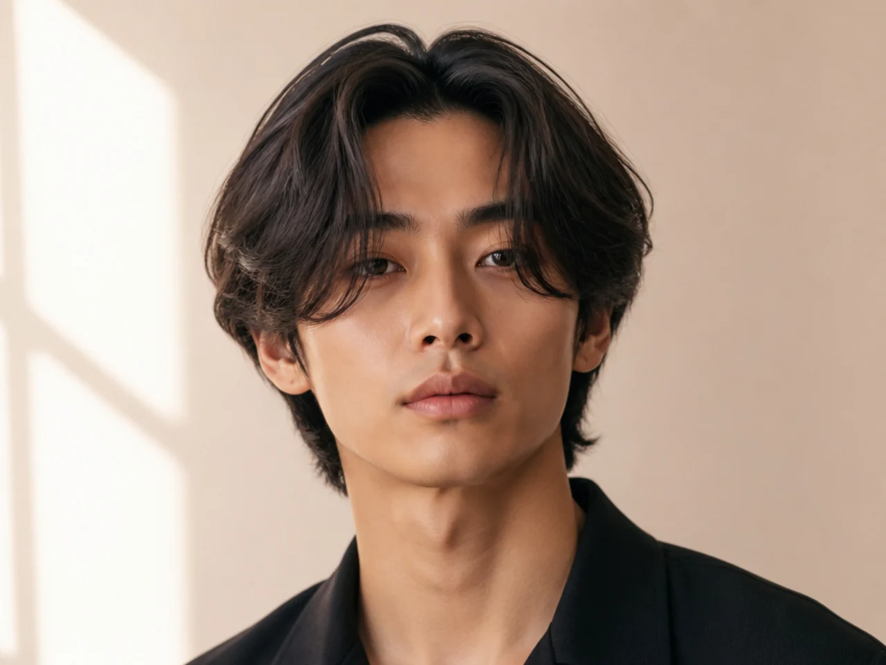 Teen boy with long curtain middle part reaching past the cheekbone