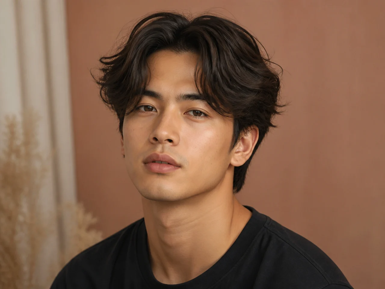 Teen boy with messy middle part styled deliberately loose and textured