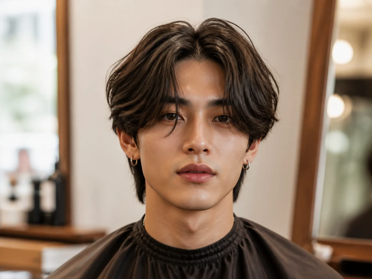 Teen boy with middle part fringe split, brow-length front pieces forming curtains