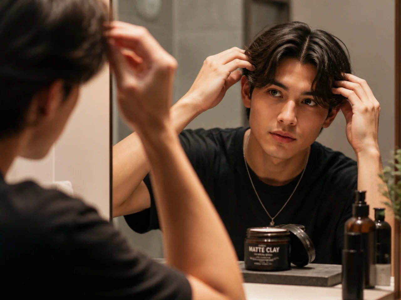 Teen boy styling middle part with matte clay in front of a bathroom mirror
