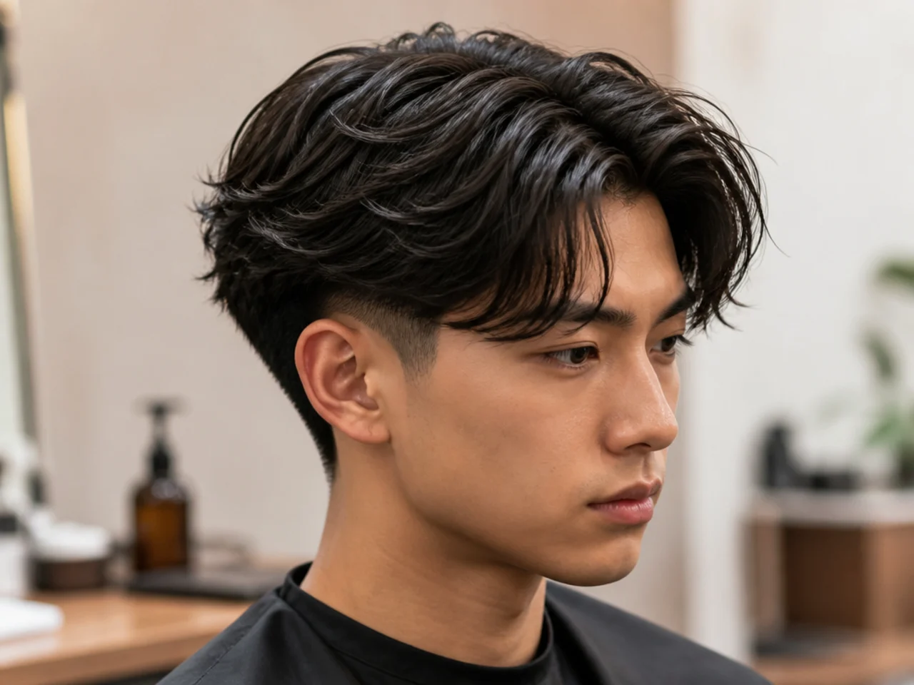 Teen boy with textured middle part and burst fade around the ear