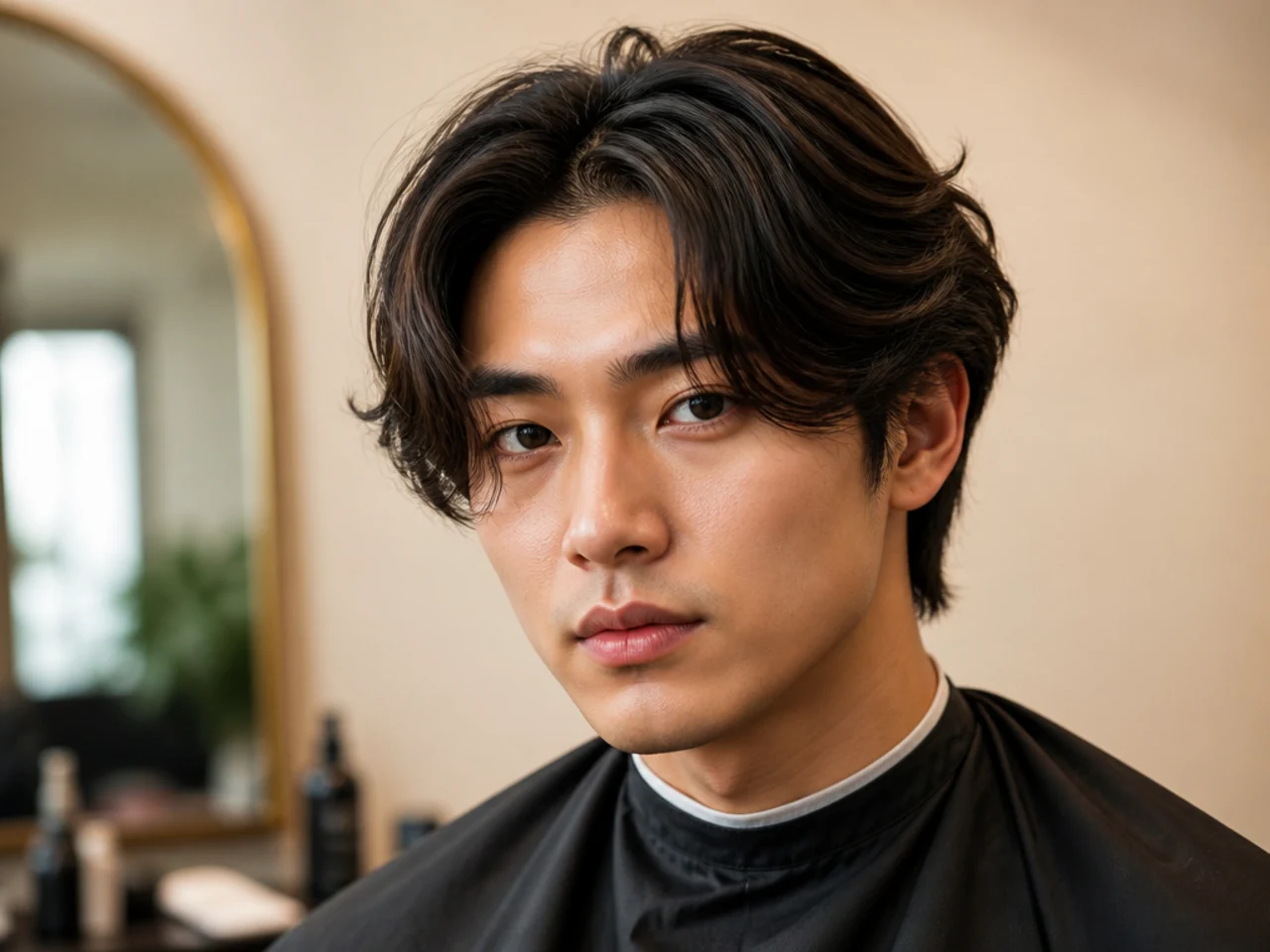 Teen boy with wavy middle part flow hairstyle on medium-length wavy brown hair