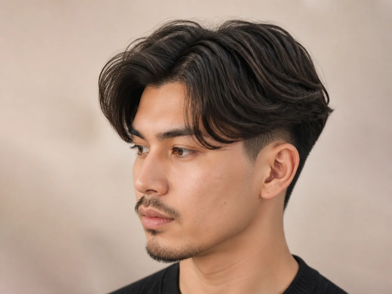 Middle part flow with two block underlayer on a young Korean man with hidden clipper sides