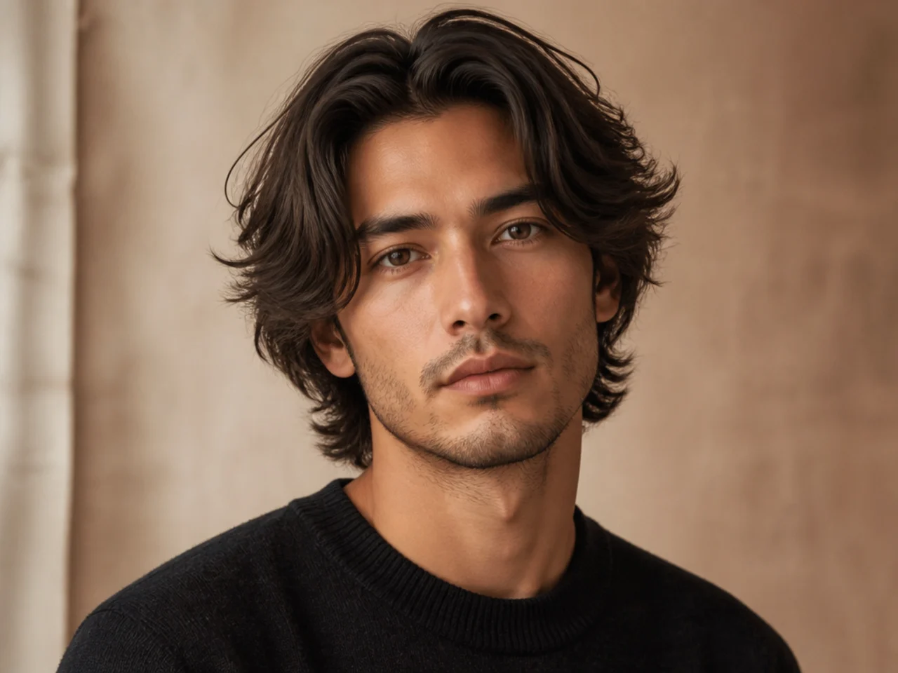 Textured middle part flow with choppy point cut ends and forward wave on a young man