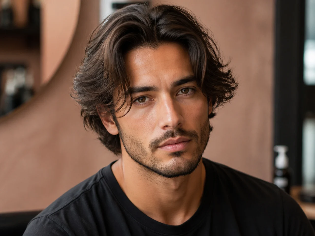 Messy middle part flow with tousled wave and imperfect split on a young man with medium brown hair