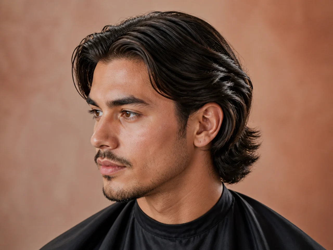 Slick middle part flow with glossy comb marks and razor sharp center split on a young man
