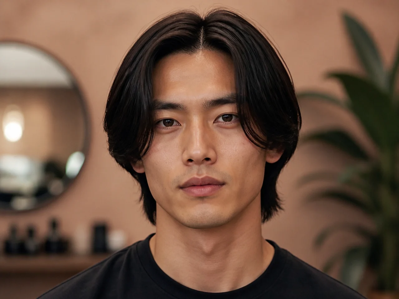 Straight hair middle part flow with 5 inch top and sleek forward drop on a young man