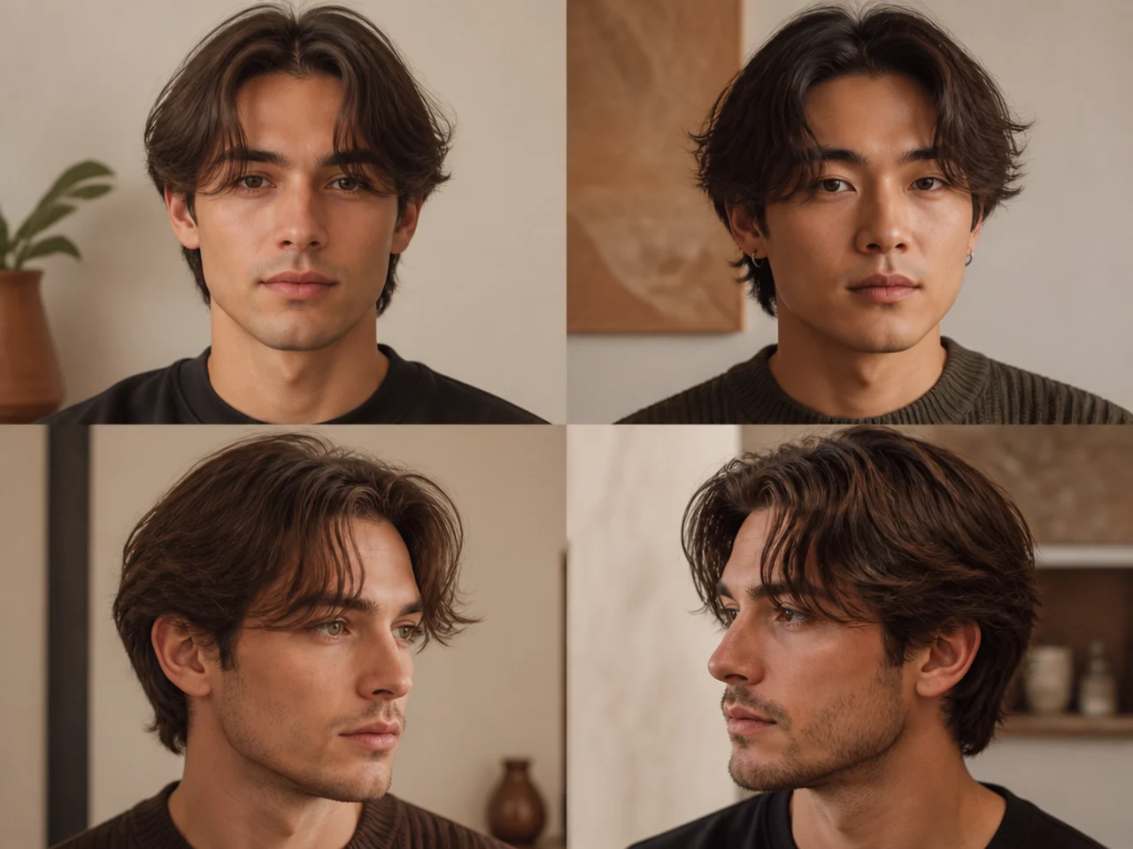 Middle part flow with textured fringe reaching the brow on a young man with wavy brown hair