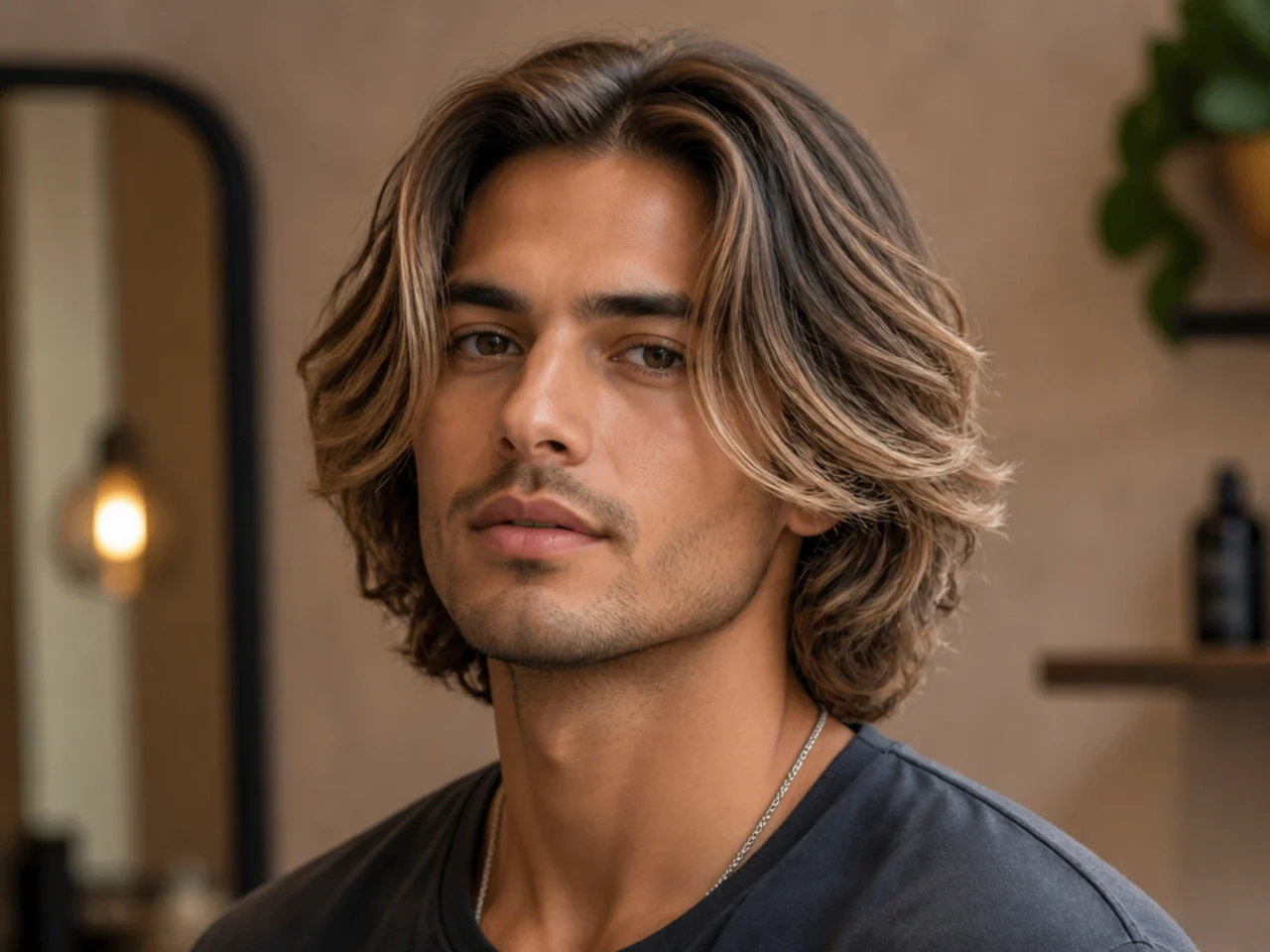 Middle part flow with subtle face-framing highlights on a young man with wavy brown hair