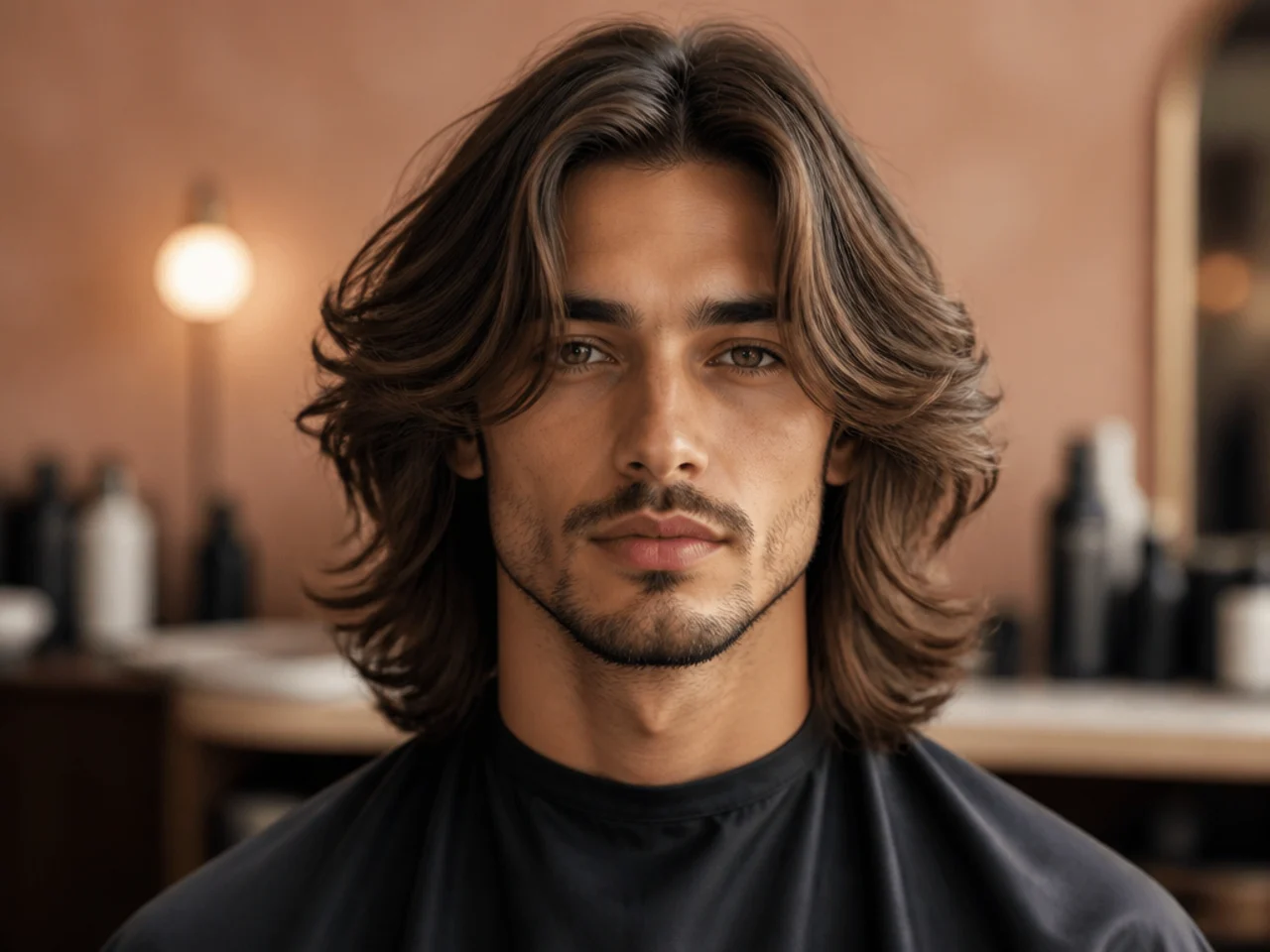 Long flow with curtains reaching past the cheekbones on a young man with wavy brown hair