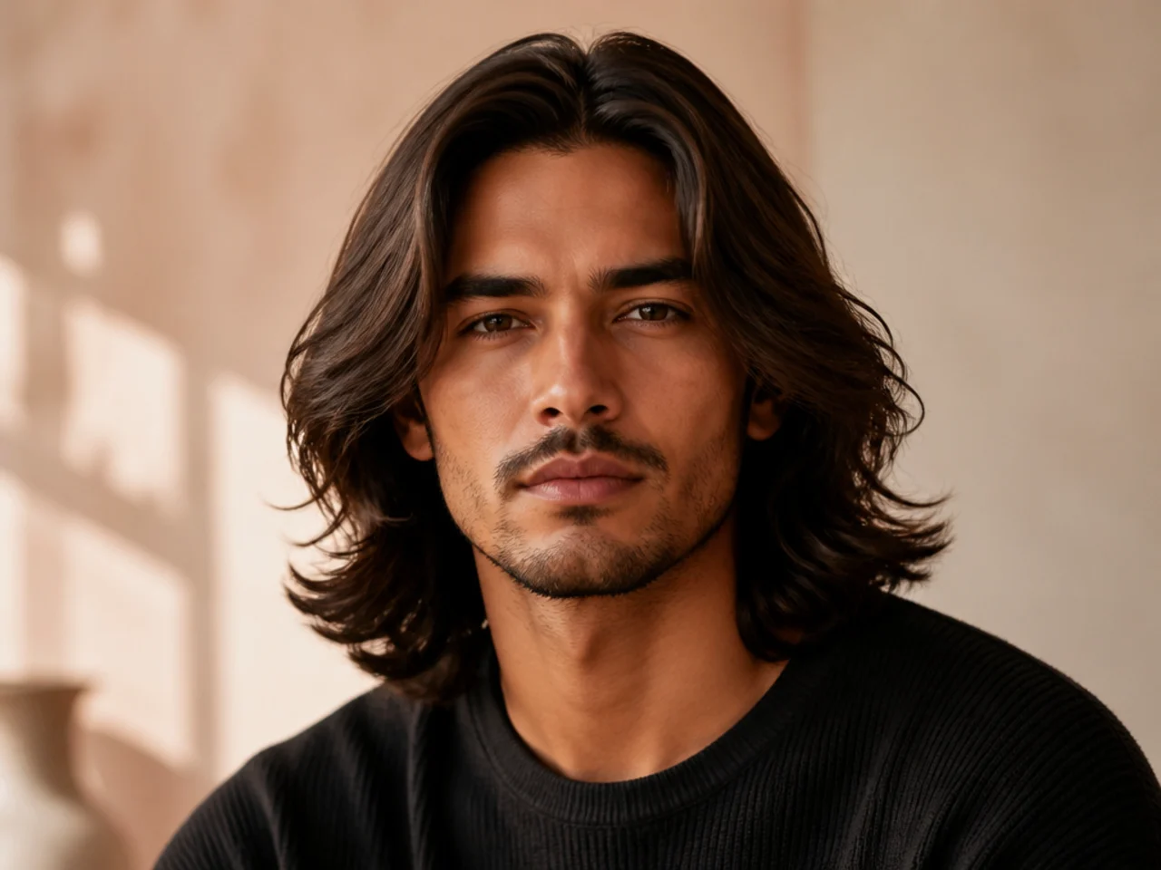 Middle part flow grown long past the collarbone on a young man with full curtain drop and connected sides