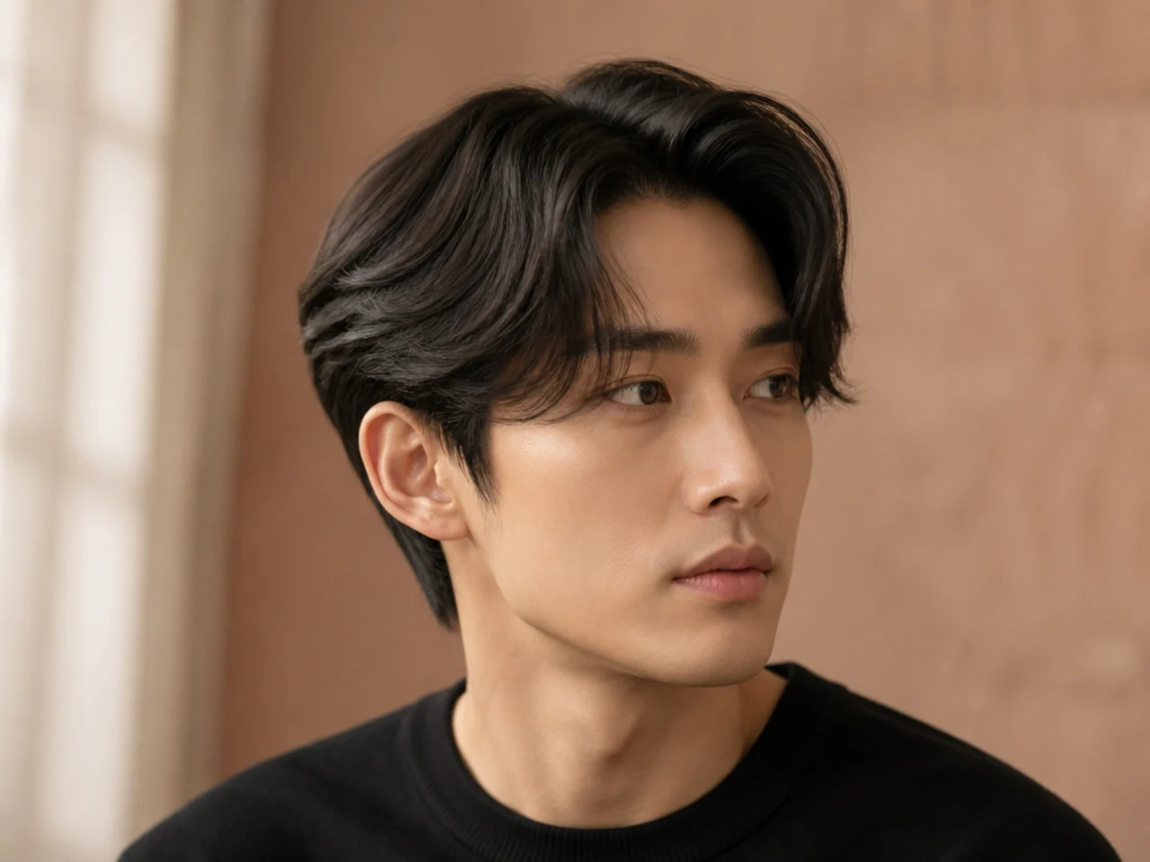 Korean K-flow middle part with glossy straight hair and scissor blended sides on a young man
