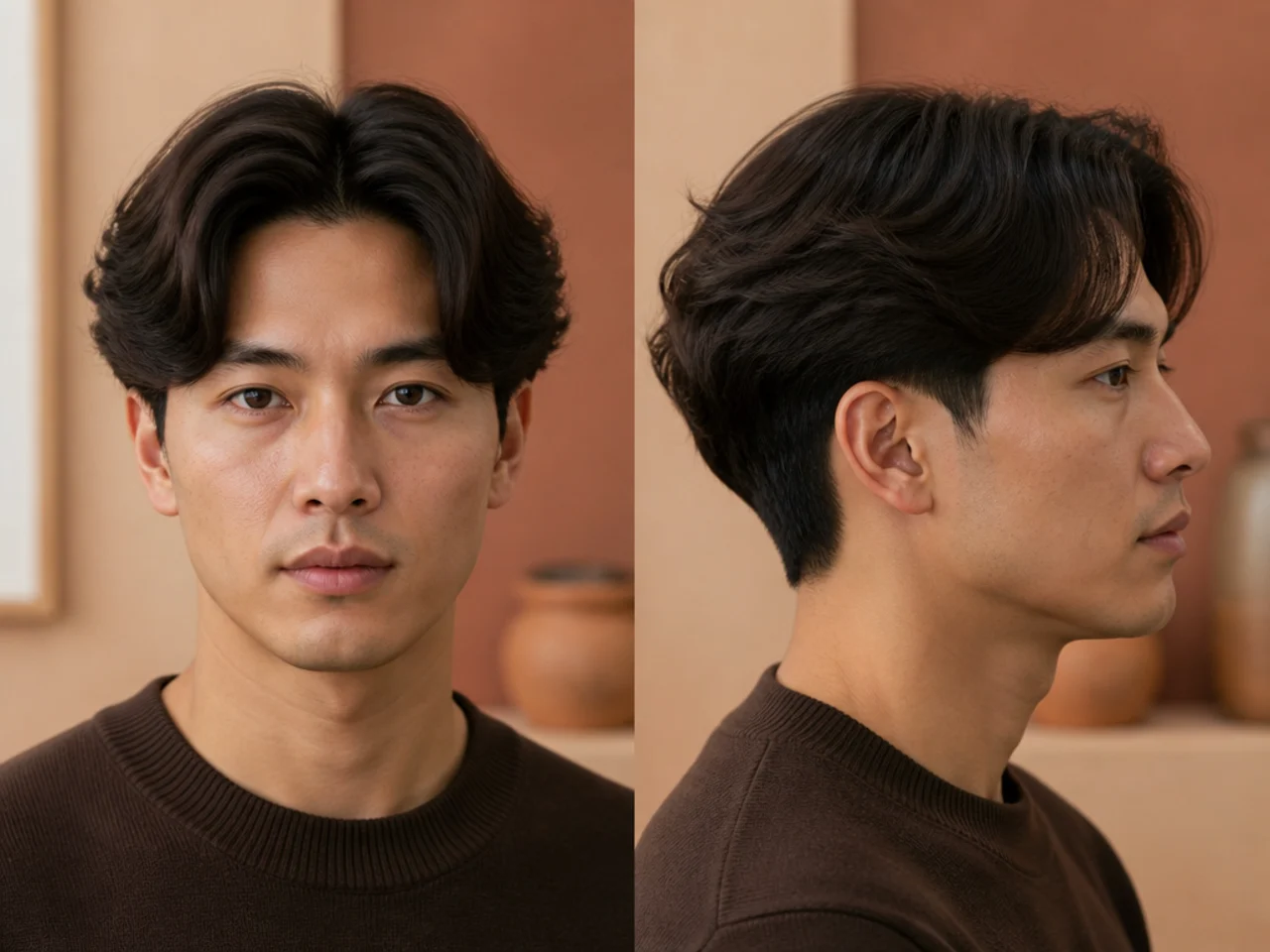 Middle part flow with low taper on a young man showing 5 inch top and clean tapered sides
