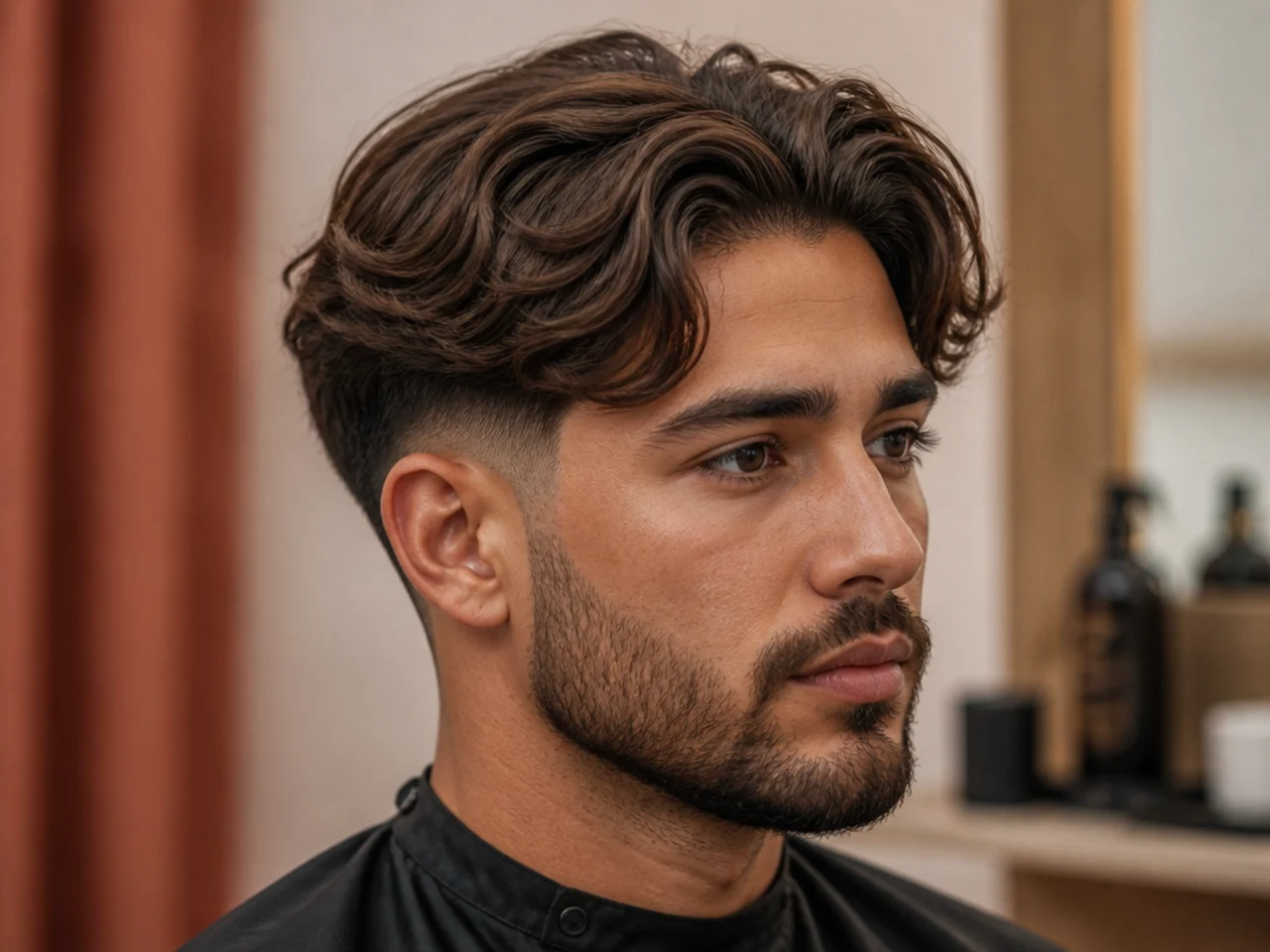 Middle part flow with mid fade on a young man showing 5 inch layered top and clean mid fade