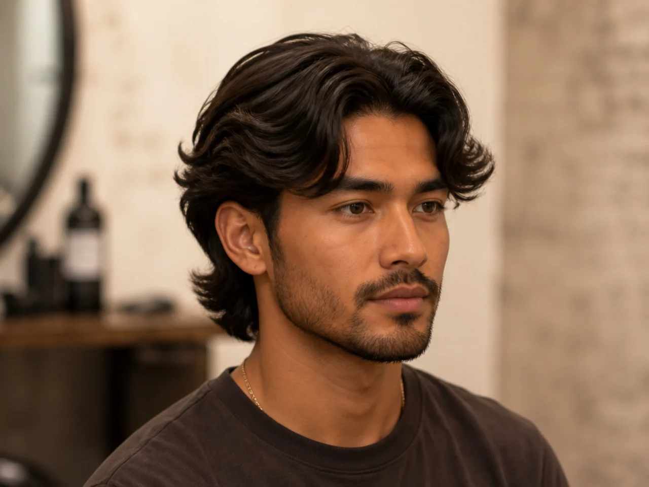 Young man in a barber chair showing three reference photos to a barber during a middle part flow consultation