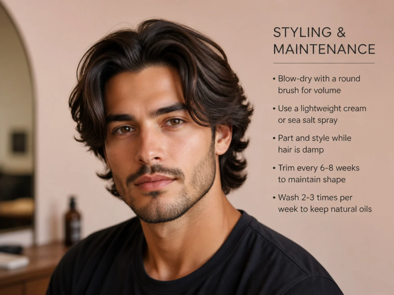 Middle part flow styling essentials — sea salt spray, matte cream, wide tooth comb, and blow dryer with nozzle on a cream surface