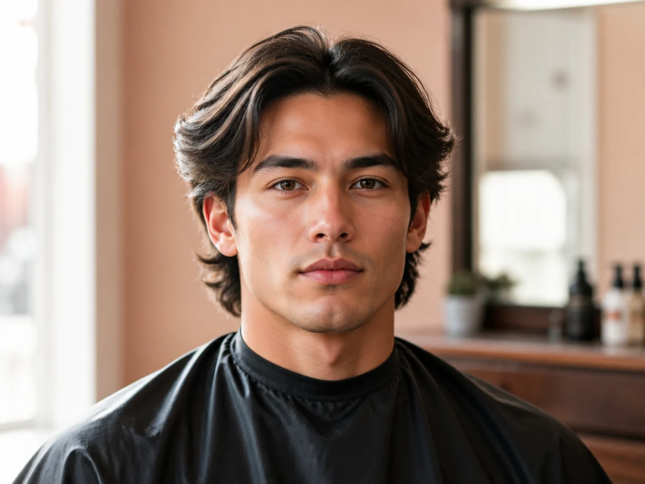 Middle part flow haircut on a young man showing a center split with layered sides sweeping behind the ears