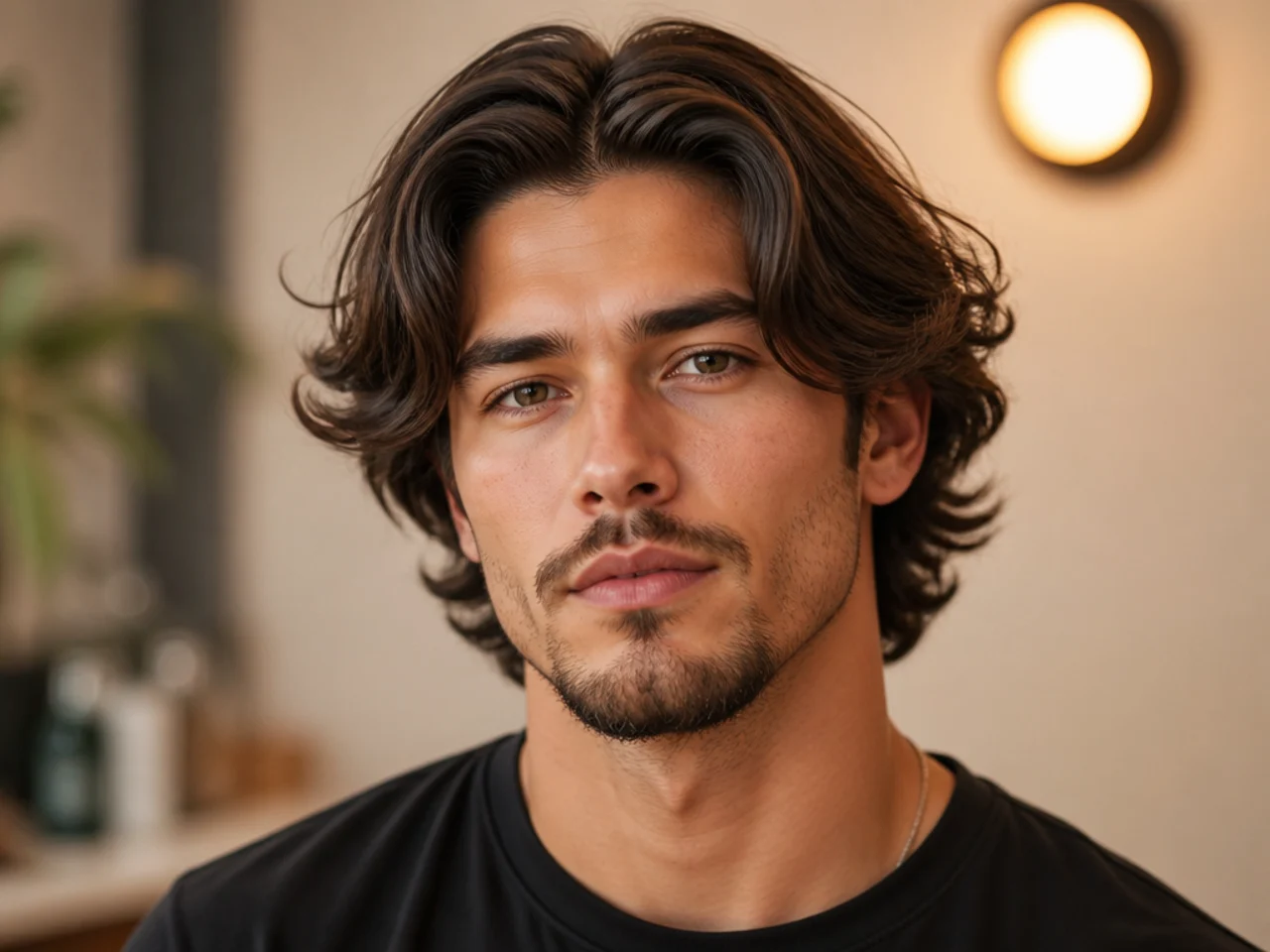 Middle part bro flow with six-inch layered top parted down the middle and brushed back on the sides