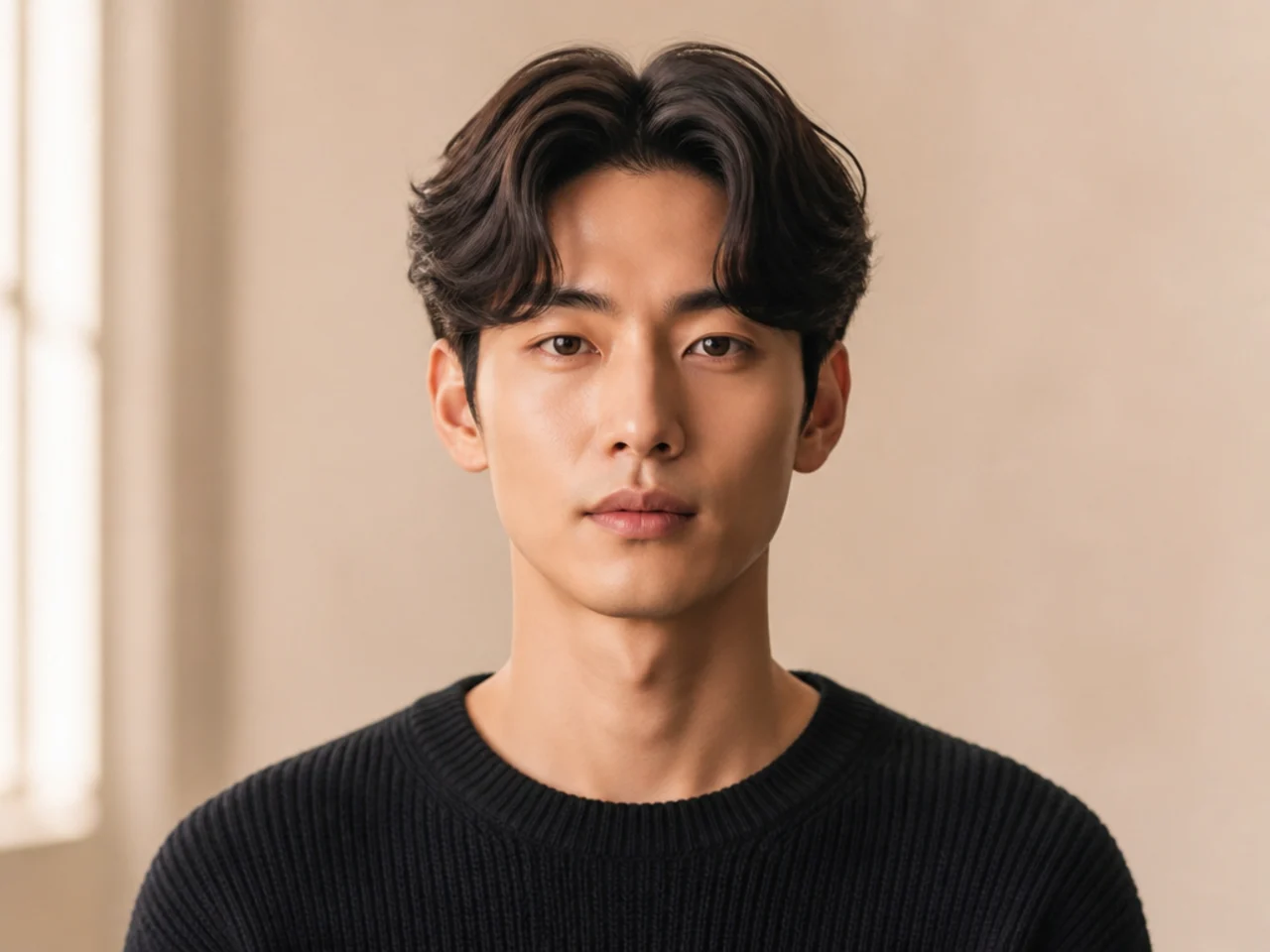 Korean middle part on a young Asian man with soft rounded layers and glossy finish