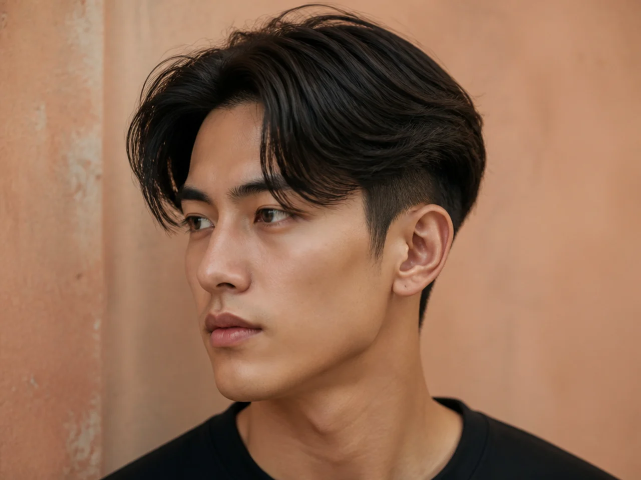 Middle part with two block — five-inch center-parted top over an undercut lower section