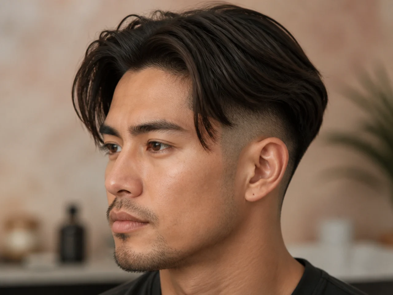 Middle part with undercut — five-inch center-parted top disconnected from short sides