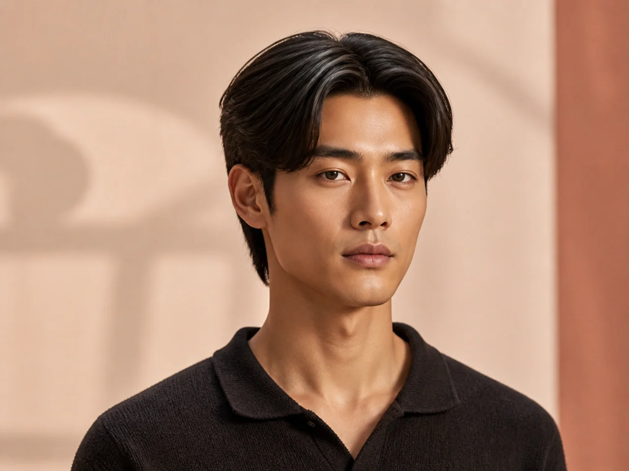 Sleek medium middle part with polished shine and clean part