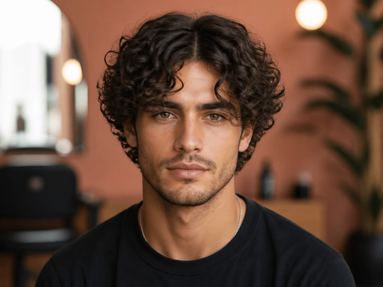 Curly medium middle part on a man with Type 3 curls parted down the center