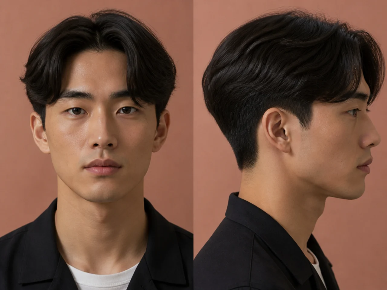 Middle part with low taper — five-inch center-parted top over soft scissor tapered sides