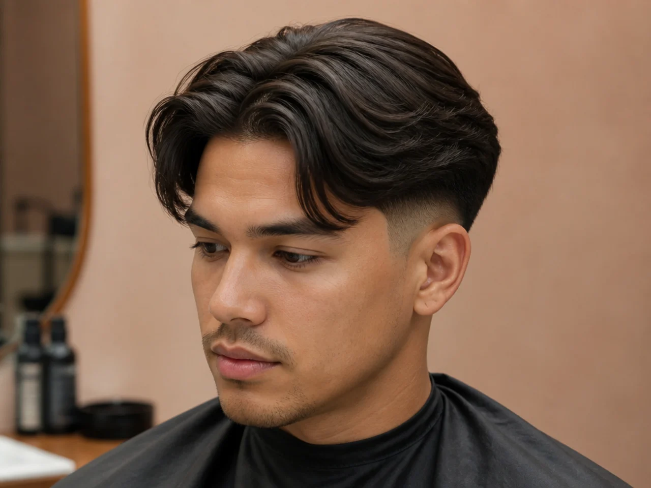 Middle part with low fade — five-inch center-parted top over faded sides
